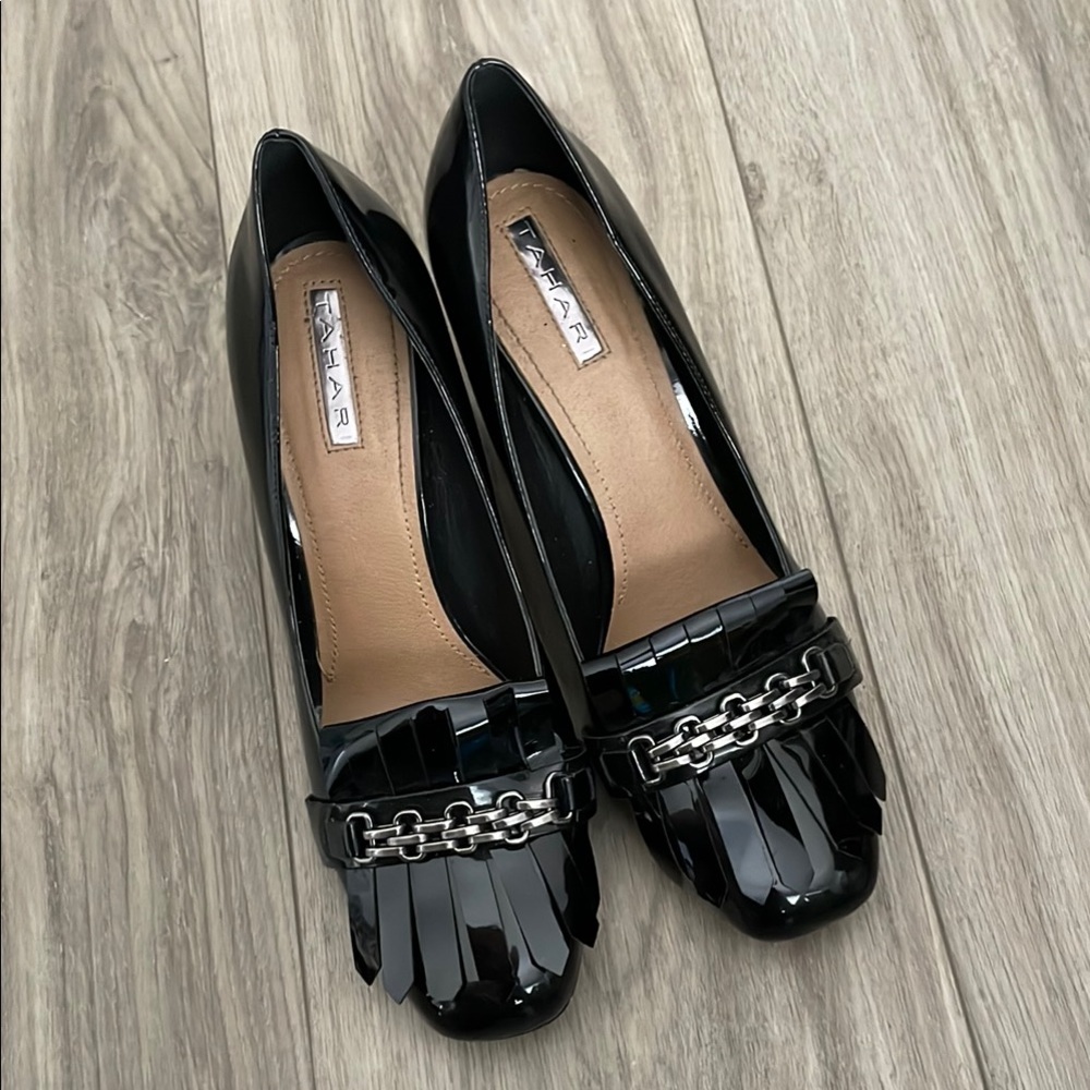 Tahari Black Patent Fringe Loafers with Chain Detail